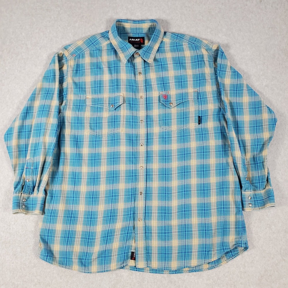 Ariat FR Work Shirt Mens 3XL Blue Plaid Flame Resistant Snap Front Long Sleeve
